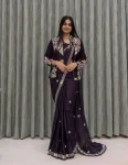 MODERN CREPE SATIN EMBROIDERY WORK READY TO WEAR SAREE WITH STITCHED BLOUSE AND KOTI PURPLE
