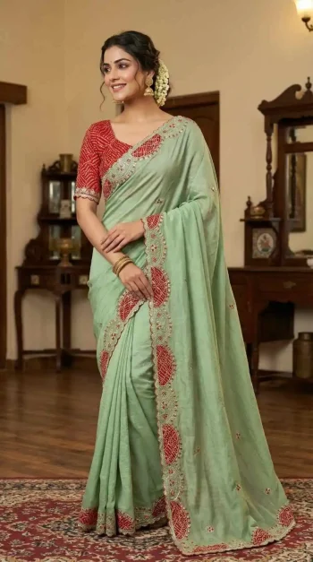 MODERN CRUSH SILK ZARI SEQUENCE EMBROIDERY WITH BANDHNI PATCH AND ZARI BORDER WORK SAREE WITH UNSTITCHED BLOUSE PISTA