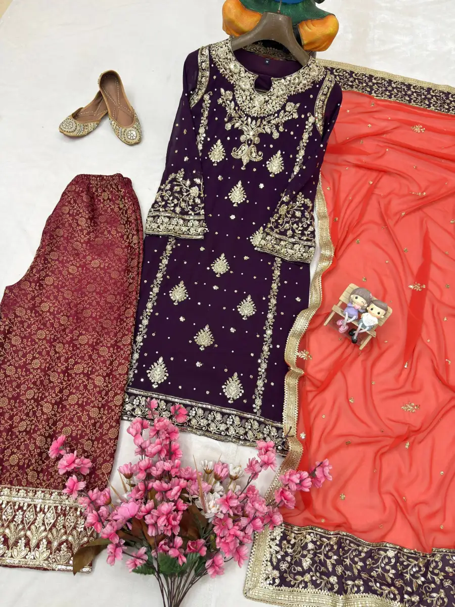 3MODERN GEORGETTE SEQUENCE WITH ZARI EMBROIDERY WORK WITH PEARL WORK TOP PALAZZO WITH DUPATTA FESTIVE WEAR WHOLESALE PRICE ETHNIC GARMENT (15)