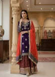 MODERN GEORGETTE SEQUENCE WITH ZARI EMBROIDERY WORK WITH PEARL WORK TOP PALAZZO WITH DUPATTA PURPLE