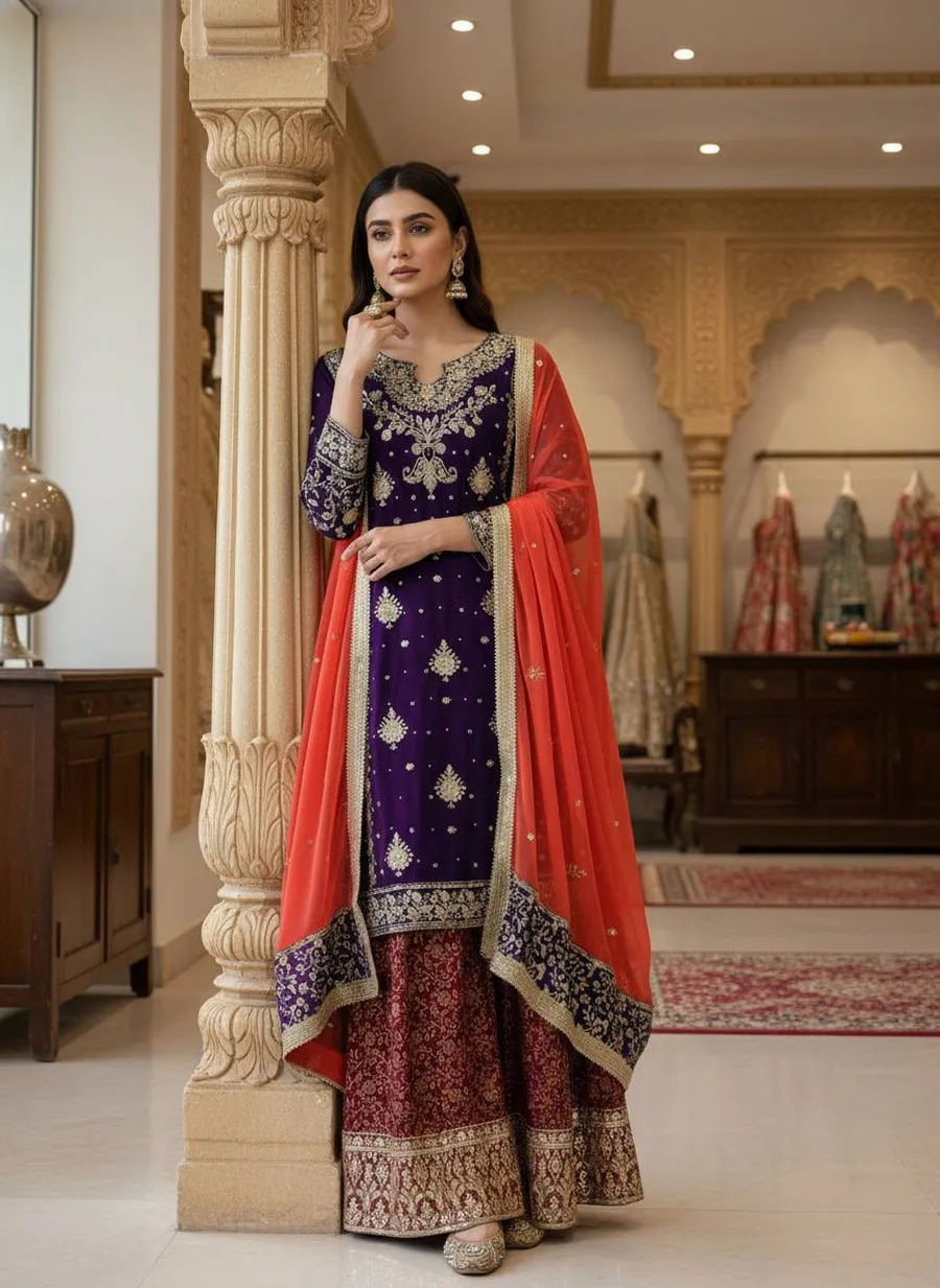 3MODERN GEORGETTE SEQUENCE WITH ZARI EMBROIDERY WORK WITH PEARL WORK TOP PALAZZO WITH DUPATTA FESTIVE WEAR WHOLESALE PRICE ETHNIC GARMENT (17)