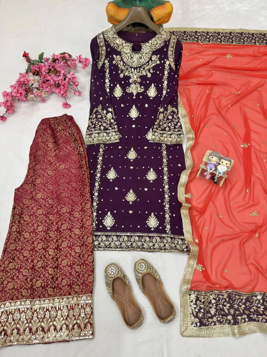 3MODERN GEORGETTE SEQUENCE WITH ZARI EMBROIDERY WORK WITH PEARL WORK TOP PALAZZO WITH DUPATTA FESTIVE WEAR WHOLESALE PRICE ETHNIC GARMENT (18)