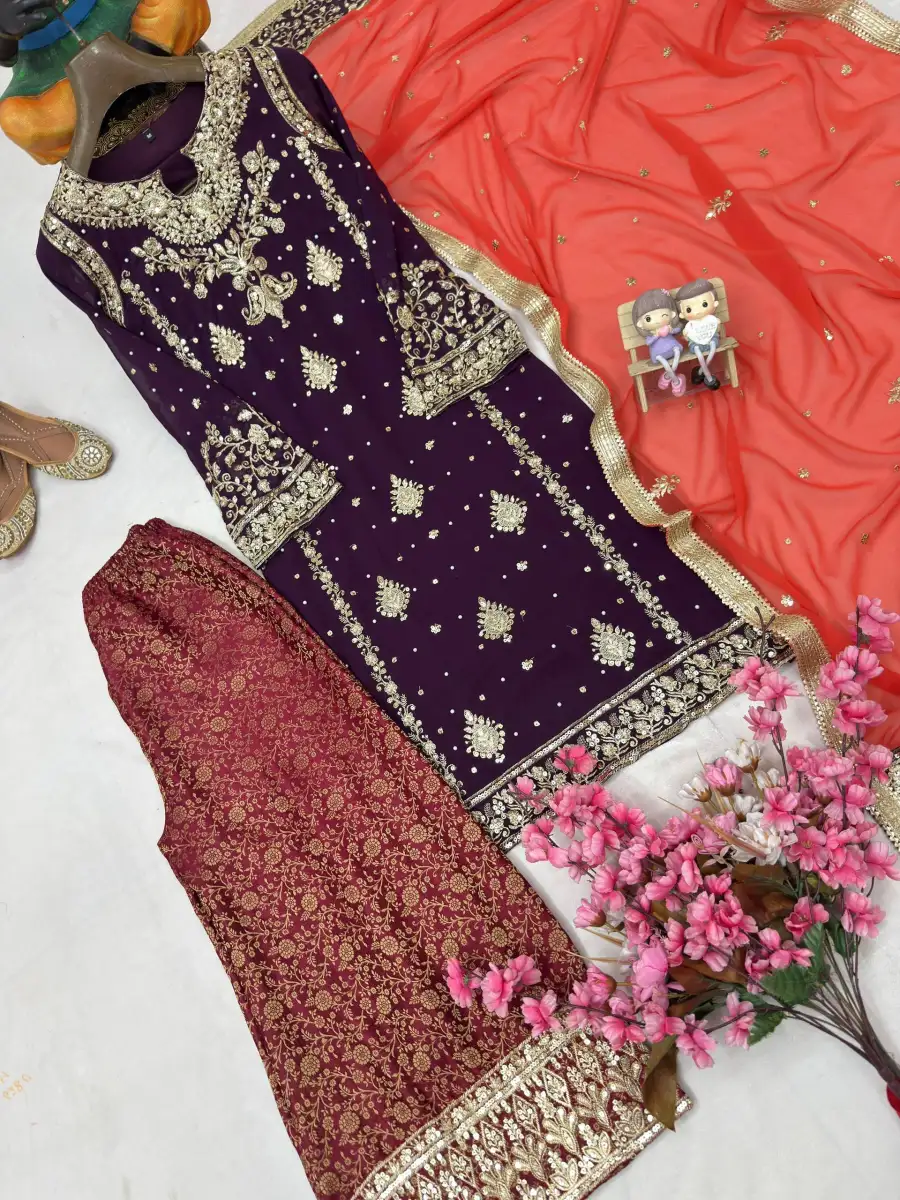 3MODERN GEORGETTE SEQUENCE WITH ZARI EMBROIDERY WORK WITH PEARL WORK TOP PALAZZO WITH DUPATTA FESTIVE WEAR WHOLESALE PRICE ETHNIC GARMENT (19)