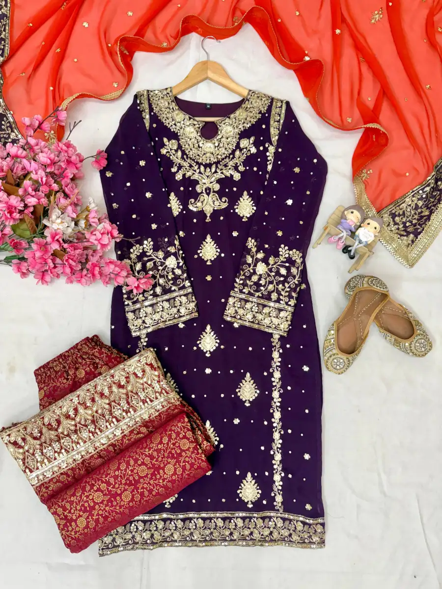 3MODERN GEORGETTE SEQUENCE WITH ZARI EMBROIDERY WORK WITH PEARL WORK TOP PALAZZO WITH DUPATTA FESTIVE WEAR WHOLESALE PRICE ETHNIC GARMENT (21)