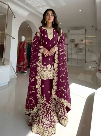 MODERN GMY SILK EMBROIDERY 3 MM SEQUENCE & CODING DORI WORK TOP PALAZZO WITH DUPATTA WINE