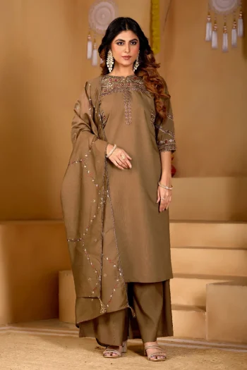 MODERN MANGO SILK MULTI EMBROIDERY THREAD WITH HAND WORK TOP PALAZZO WITH DUPATTA CHIKU