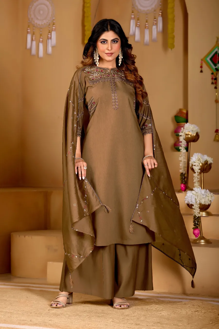 3MODERN MANGO SILK MULTI EMBROIDERY THREAD WITH HAND WORK TOP PALAZZO WITH DUPATTA FESTIVE WEAR WHOLESALE PRICE ETHNIC GARMENT (26)