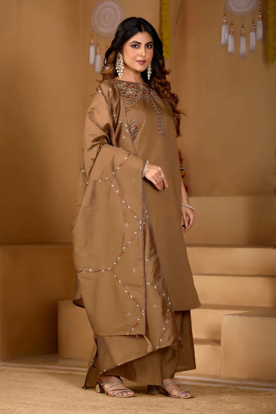 3MODERN MANGO SILK MULTI EMBROIDERY THREAD WITH HAND WORK TOP PALAZZO WITH DUPATTA FESTIVE WEAR WHOLESALE PRICE ETHNIC GARMENT (28)