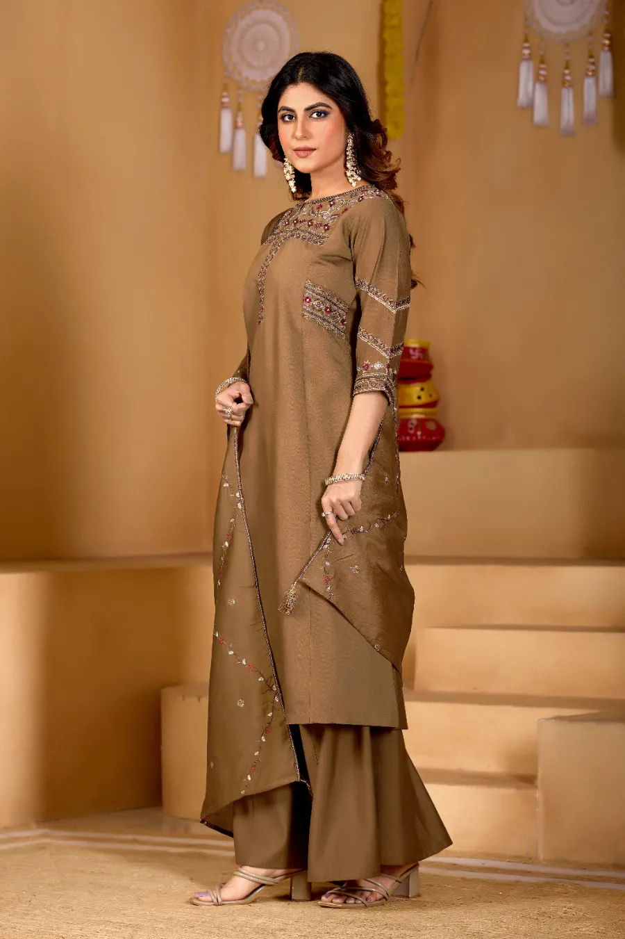 3MODERN MANGO SILK MULTI EMBROIDERY THREAD WITH HAND WORK TOP PALAZZO WITH DUPATTA FESTIVE WEAR WHOLESALE PRICE ETHNIC GARMENT (30)