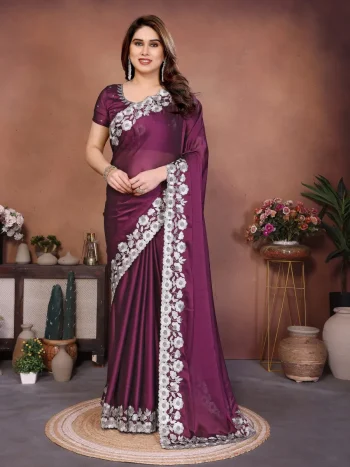 MODERN RANGOLI SILK EMBROIDERY WORK LACE BORDER SAREE WITH UNSTITCHED BLOUSE WINE