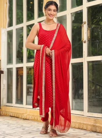 MODERN RAYON FOIL WORK TOP BOTTOM WITH DUPATTA RED