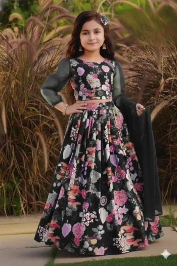 MODERN TWILL COTTON DIGITAL PRINT WORK KID'S LEHENGA CHOLI WITH DUPATTA BLACK