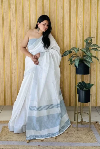 NEW ARRIVAL LINEN COTTON PLAIN WITH ZALAR WORK SAREE WITH UNSTITCHED BLOUSE GREY