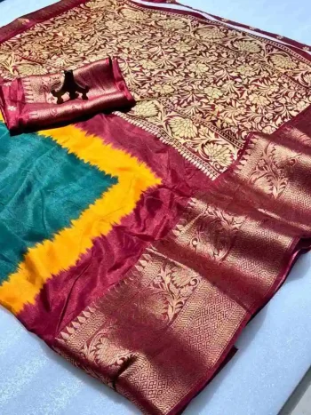 RICH LOOK DOLA SILK JACQUARD WEAVING BORDER AND BEAUTIFUL HD KALAMKARI PRINT WORK SAREE WITH UNSTITCHED BLOUSE GREEN