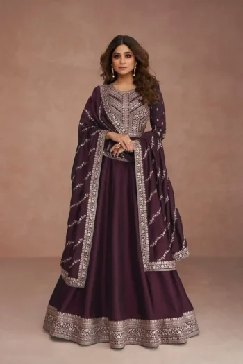 RICH LOOK SILK SEQUENCE EMBROIDERY WORK GOWN WITH DUPATTA PURPLE