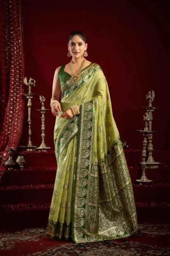 DESIGNER BANARASI JARI WITH ZHALLAR WORK SAREE WITH UNSTITCHED BLOUSE PISTA