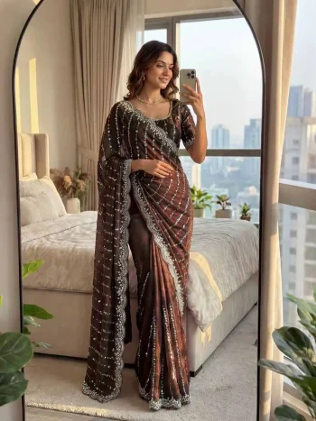 DESIGNER FENDY SATIN BEADS AND SEQUENCE EMBROIDERY WORK SAREE WITH UNSTITCHED BLOUSE BROWN