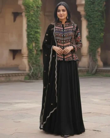 DESIGNER GEORGETTE SEQUENCE WORK TOP SEMI STITCHED LEHENGA WITH DUPATTA BLACK