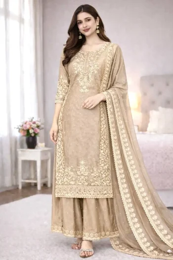 DESIGNER GMY SILK EMBROIDERY CODING SEQUENCE WITH MOTI WORK TOP PALAZZO WITH DUPATTA CREAM