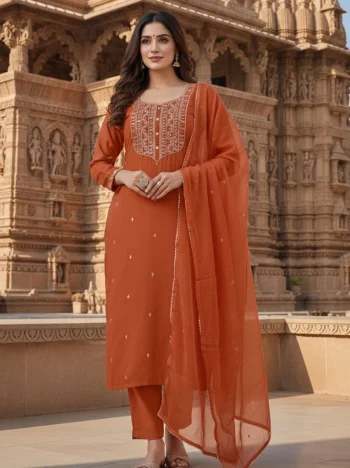 DESIGNER RAYON EMBROIDERY WORK TOP BOTTOM WITH DUPATTA ORANGE