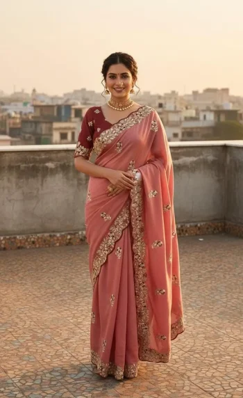 DESIGNER VICHITRA SILK SEQUENCE  THREAD  EMBROIEDRY WORK SAREE WITH UNSTITCHED BLOUSE PEACH