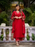 FANCY CHANDERI SILK EMBROIDERY WORK TOP BOTTOM WITH DUPATTA RED