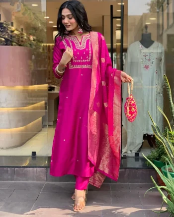 FANCY COTTON SILK CODING WORK TOP BOTTOM WITH DUPATTA RANI