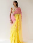 FANCY GEORGETTE RUFFLE WORK SAREE WITH UNSTITCHED BLOUSE YELLOW