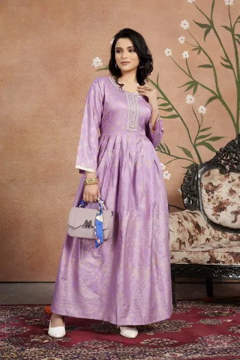 FANCY RAYON GOLDEN FOIL AND NECK WORK EMBROIDERY WORK GOWN LAVENDER