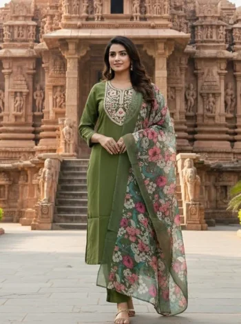 FANCY SLUB COTTON CUT PASTE EMBROIDERY WORK TOP BOTTOM WITH DUPATTA MEHNDI