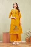 FANCY SLUB COTTON EMBROIDERY WORK CO-ORD SET YELLOW