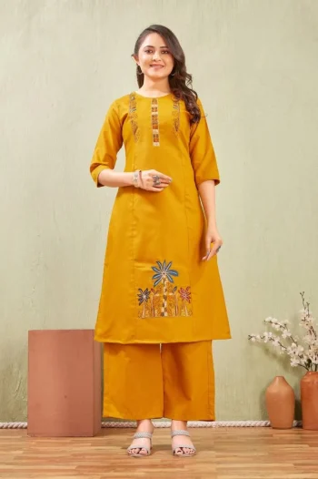 FANCY SLUB COTTON EMBROIDERY WORK CO-ORD SET YELLOW