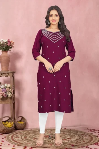 FANCY TESLA COTTON EMBROIDERY WORK KURTI WINE