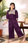 MODERN COTTON BLEND EMBROIDERY WORK KID'S TOP PALAZZO SET WINE