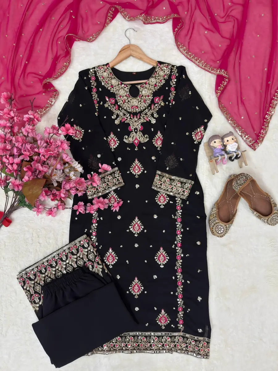 4MODERN GEORGETTE SEQUENCE & ZARI THREAD EMBROIDERY WORK WITH PEARL WORK TOP PALAZZO WITH DUPATTA FESTIVE WEAR WHOLESALE PRICE ETHNIC GARMENT (23)