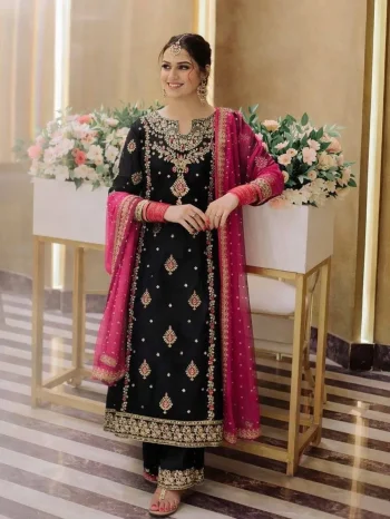 MODERN GEORGETTE SEQUENCE & ZARI THREAD EMBROIDERY WORK WITH PEARL WORK TOP PALAZZO WITH DUPATTA BLACK
