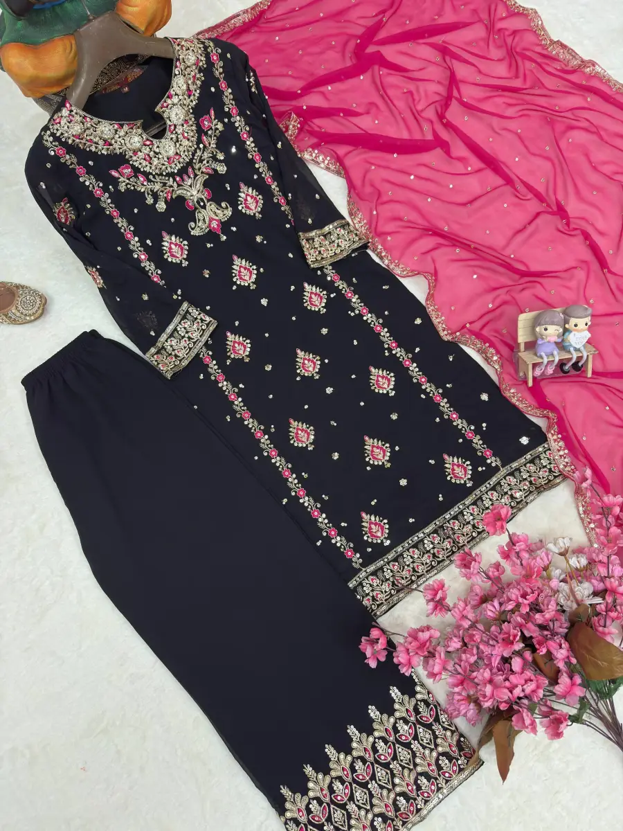 4MODERN GEORGETTE SEQUENCE & ZARI THREAD EMBROIDERY WORK WITH PEARL WORK TOP PALAZZO WITH DUPATTA FESTIVE WEAR WHOLESALE PRICE ETHNIC GARMENT (25)