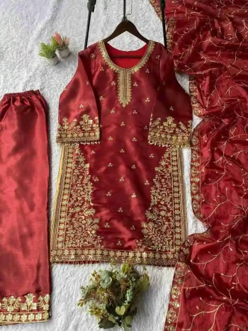 MODERN GMY SILK SEQUENCE EMBROIDERY WORK TOP PALAZZO WITH DUPATTA MAROON
