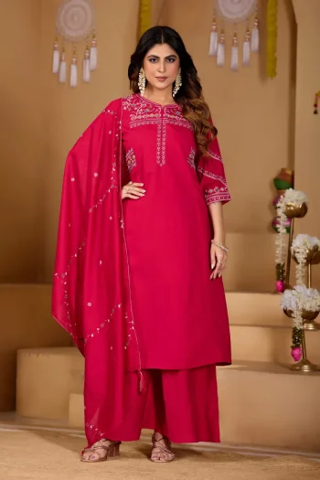 MODERN MANGO SILK MULTI EMBROIDERY THREAD WITH HAND WORK TOP PALAZZO WITH DUPATTA PINK