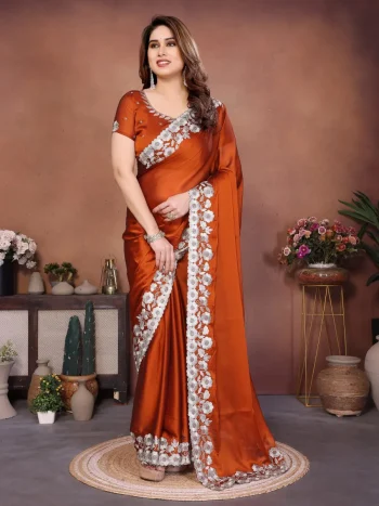 MODERN RANGOLI SILK EMBROIDERY WORK LACE BORDER SAREE WITH UNSTITCHED BLOUSE ORANGE