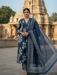 NEW ARRIVAL 14KG RAYON PAPER MIRROR EMBROIDERY PRINT WORK TOP BOTTOM WITH DUPATTA NAVY BLUE