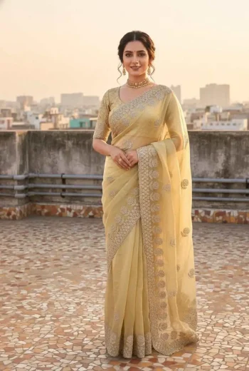 RICH LOOK FENDY SATIN BEADS EMBROIDERY AND BUTTA WORK WITH CUTWORK BORDER WORK SAREE WITH UNSTITCHED BLOUSE LIGHT YELLOW
