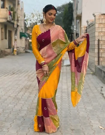 TRENDING SPACE SILK MULTI PRINTS WITH BEADS AND CUTDANA HANDWORK SAREE WITH UNSTITCHED BLOUSE MULTI