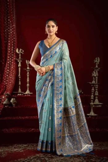 DESIGNER BANARASI JARI WITH ZHALLAR WORK SAREE WITH UNSTITCHED BLOUSE SKY