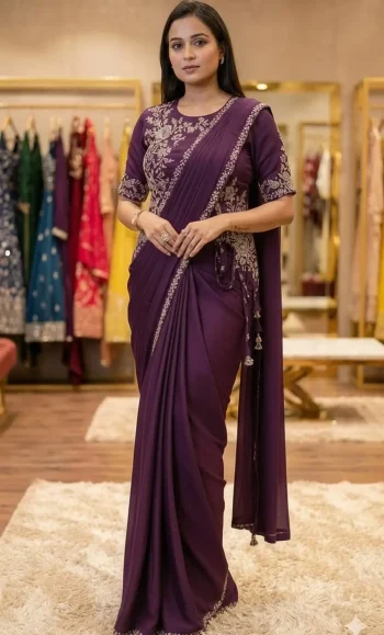 DESIGNER CHINON LACE BORDER WORK READY TO WEAR SAREE WITH STITCHED BLOUSE WINE