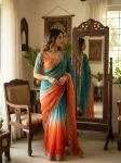 DESIGNER FENDY SATIN EMBROIDERY SEQUENCE WITH BORDER BUTTI & ARC WORK SAREE WITH STITCHED BLOUSE TEAL AND ORANGE
