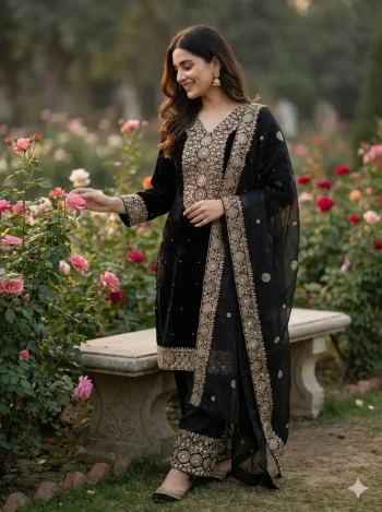 DESIGNER FENDY SILK EMBROIDERY SEQUENCE WORK WITH HAND DIAMOND WORK TOP PALAZZO WITH DUPATTA BLACK