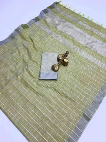 DESIGNER LINEN COTTON SOLID EXTRA WORK ZALAR SAREE WITH UNSTITCHED BLOUSE PISTA