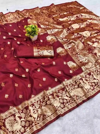 FANCY BANARASI SILK ZARI WEAVING RICH PALLU WITH ZARI WEAVING UNIQUE BORDER WORK SAREE WITH UNSTITCHED BLOUSE MAROON
