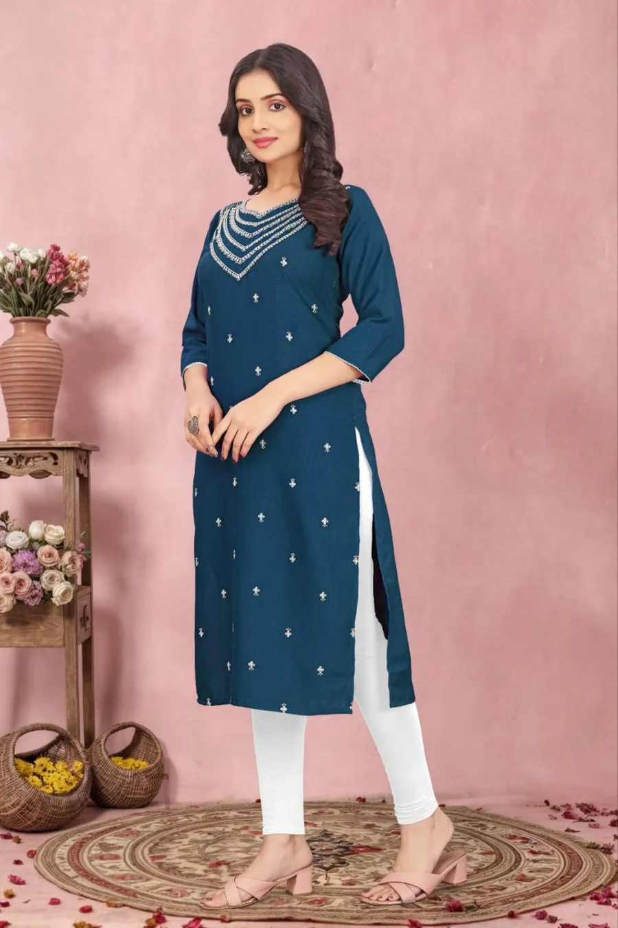 5FANCY TESLA COTTON EMBROIDERY WORK KURTI FESTIVE WEAR WHOLESALE PRICE ETHNIC GARMENT (13)